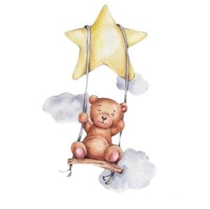 Baby Bear Nursery Decal Teddy Bear Swinging From Star W/ Clouds Wall Sticker NWT
